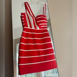 Gianni Bini Red & White Stripped One-Shoulder Dress, Size 0